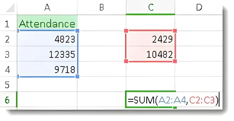 فرمول نمونه اکسل برای جمع محدوده های سلولی